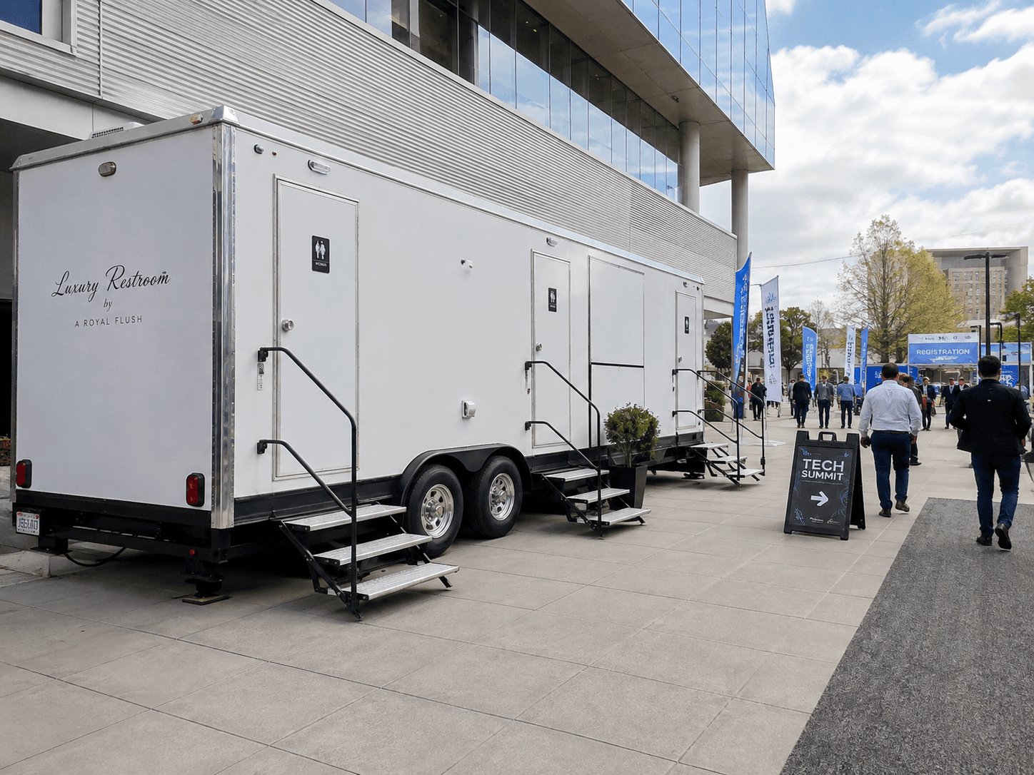 Luxury restroom trailer set up at a private event